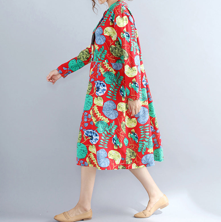 Red Prints Pure Linen Dresses Maxi Dress Long Sleeve Patchwork Midi Dress