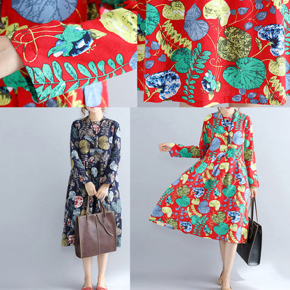 Red Prints Pure Linen Dresses Maxi Dress Long Sleeve Patchwork Midi Dress