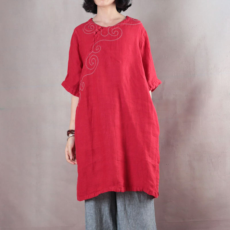 Red Pure Linen Tops Linen T Shirt Boutique Half Sleeve Embroidery Fabric O Neck Linen Clothing Tops