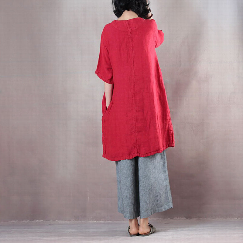 Red Pure Linen Tops Linen T Shirt Boutique Half Sleeve Embroidery Fabric O Neck Linen Clothing Tops