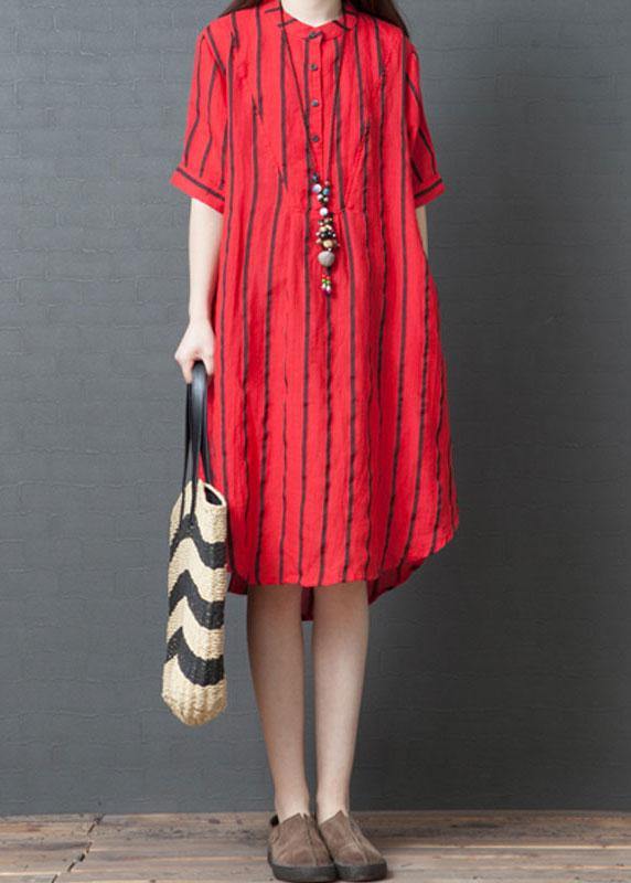 Red Striped Cotton Tunic Dress Stand Collar Loose Summer Dresses