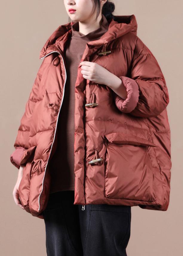 Red Warm Winter Coat Loose Fitting Parka Hooded Pockets Warm Overcoat