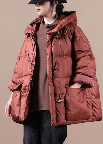 Red Warm Winter Coat Loose Fitting Parka Hooded Pockets Warm Overcoat