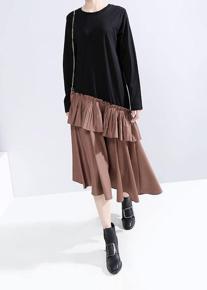 Ruffles Cotton Patchwork Tunics Shape Khaki Maxi Dresses