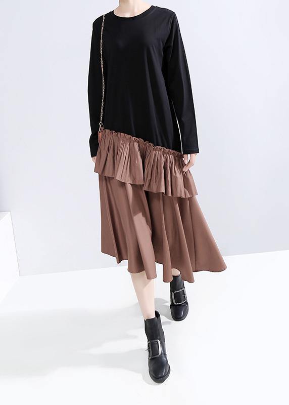 Ruffles Cotton Patchwork Tunics Shape Khaki Maxi Dresses