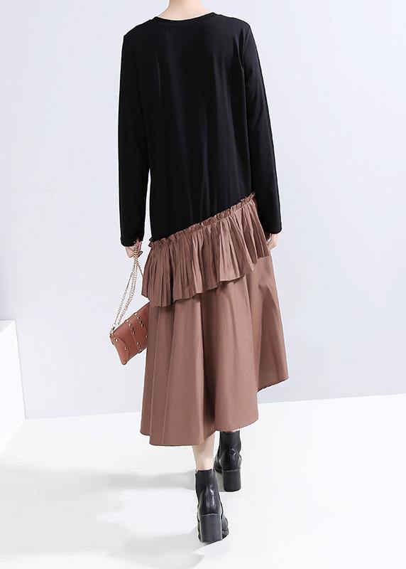 Ruffles Cotton Patchwork Tunics Shape Khaki Maxi Dresses