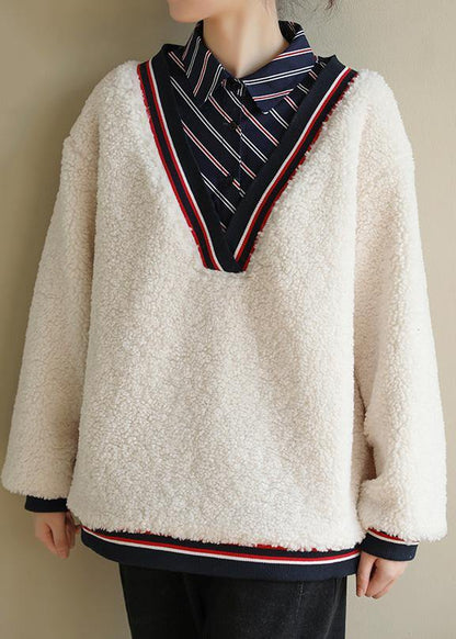 Shirt Collar Cotton Patchwork Blouse Shape White Top