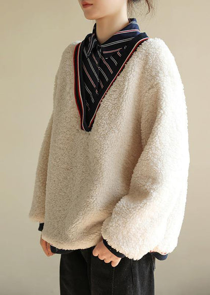 Shirt Collar Cotton Patchwork Blouse Shape White Top