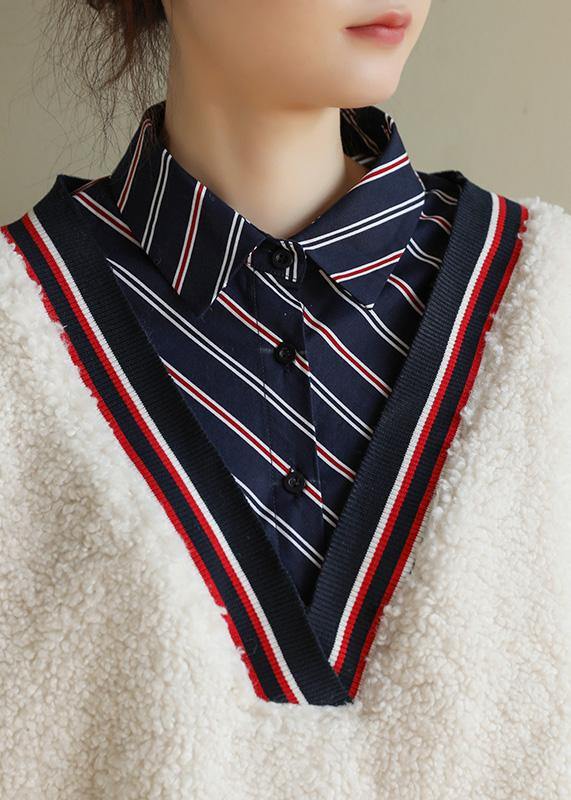 Shirt Collar Cotton Patchwork Blouse Shape White Top