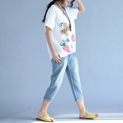 Short Sleeve Cotton Clothes for Fabrics White Print Box Blouses