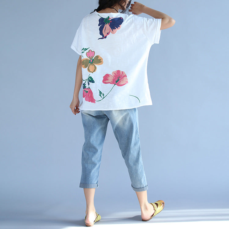 Short Sleeve Cotton Clothes for Fabrics White Print Box Blouses