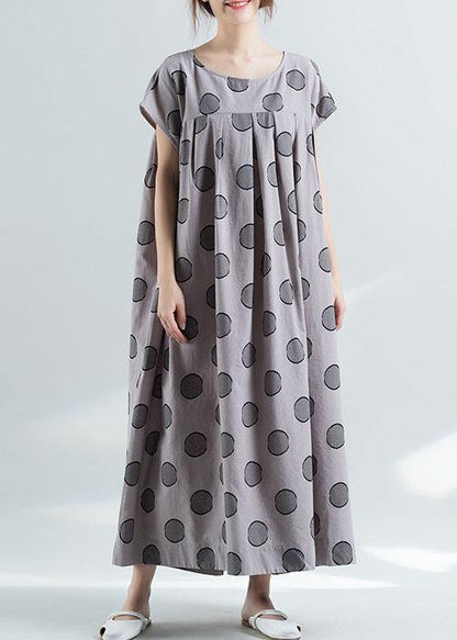 Short Sleeve O Neck Cotton Clothes Pattern Gray Dotted Dress Summer