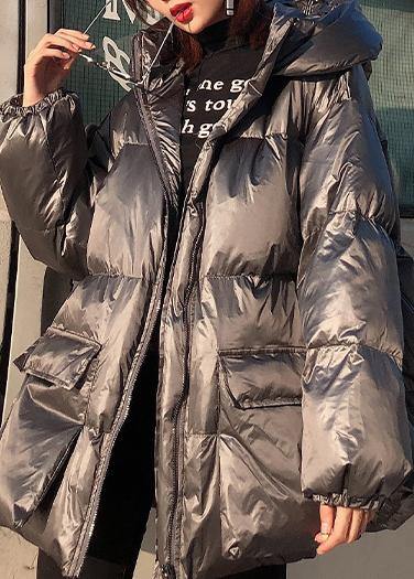 Silver Gray Winter Parkas Loose Fitting Jackets & Coats Winter Hooded Pockets Outwear