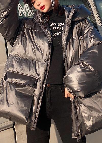 Silver Gray Winter Parkas Loose Fitting Jackets & Coats Winter Hooded Pockets Outwear
