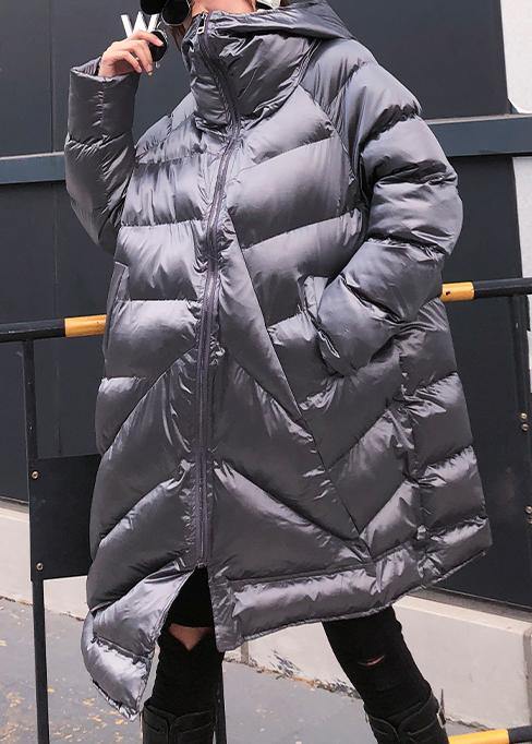 Silver Gray Parkas Oversized Warm Winter Outwear Hooded Zippered