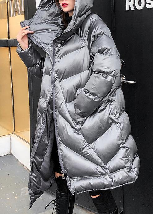Silver Gray Parkas Oversized Warm Winter Outwear Hooded Zippered