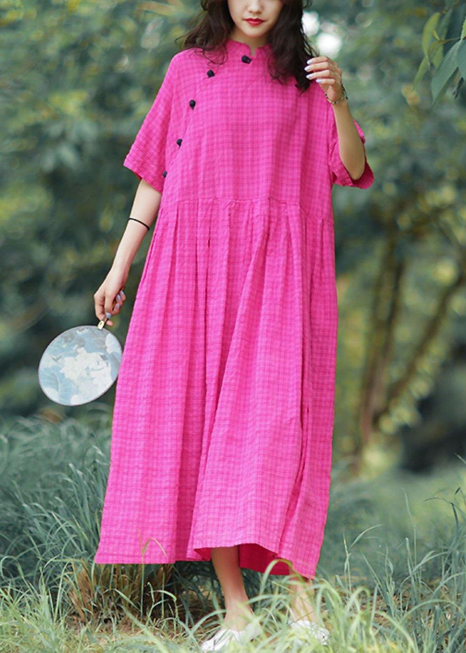 Stand Collar Linen Summer Robes Photography Rese Plaid Dress