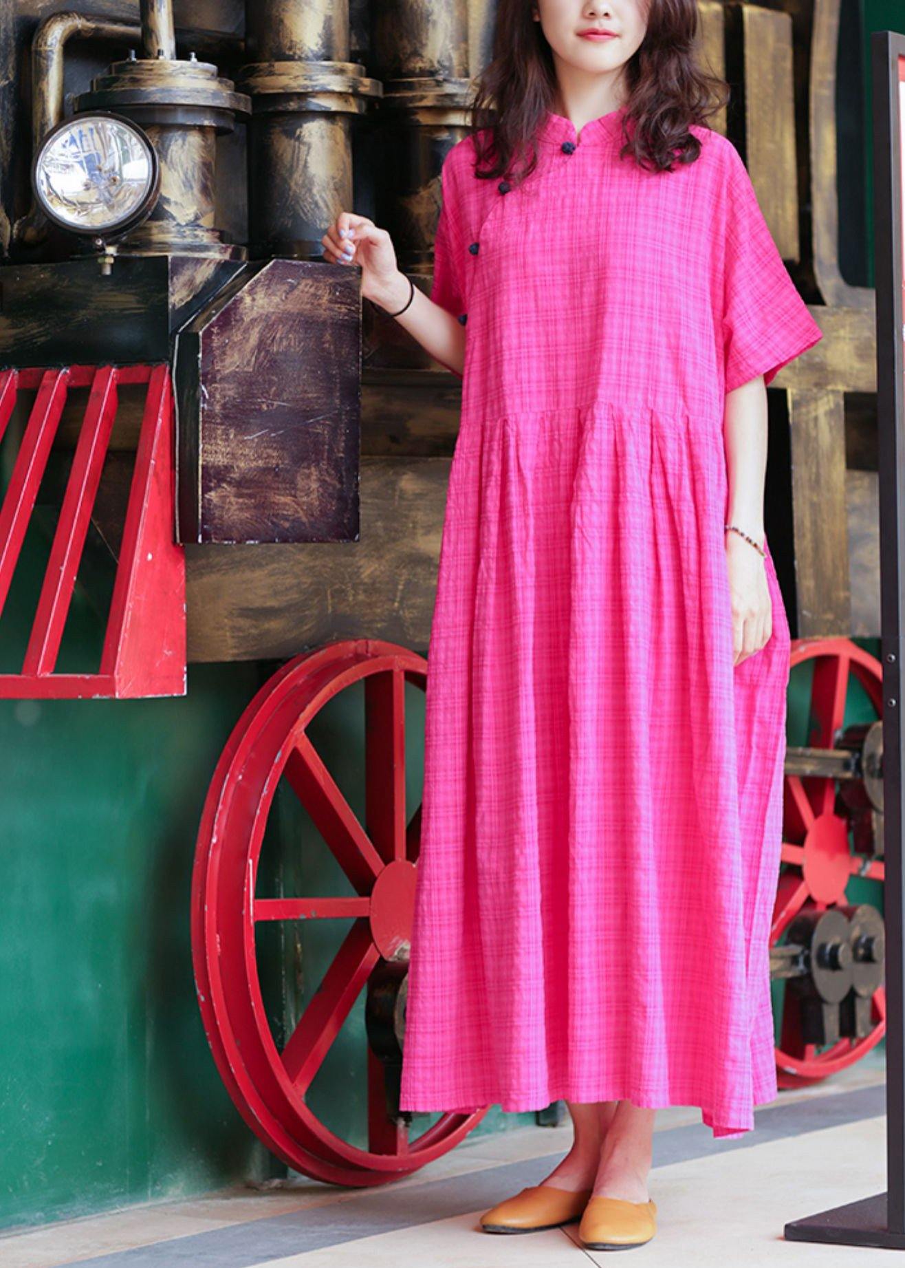 Stand Collar Linen Summer Robes Photography Rese Plaid Dress