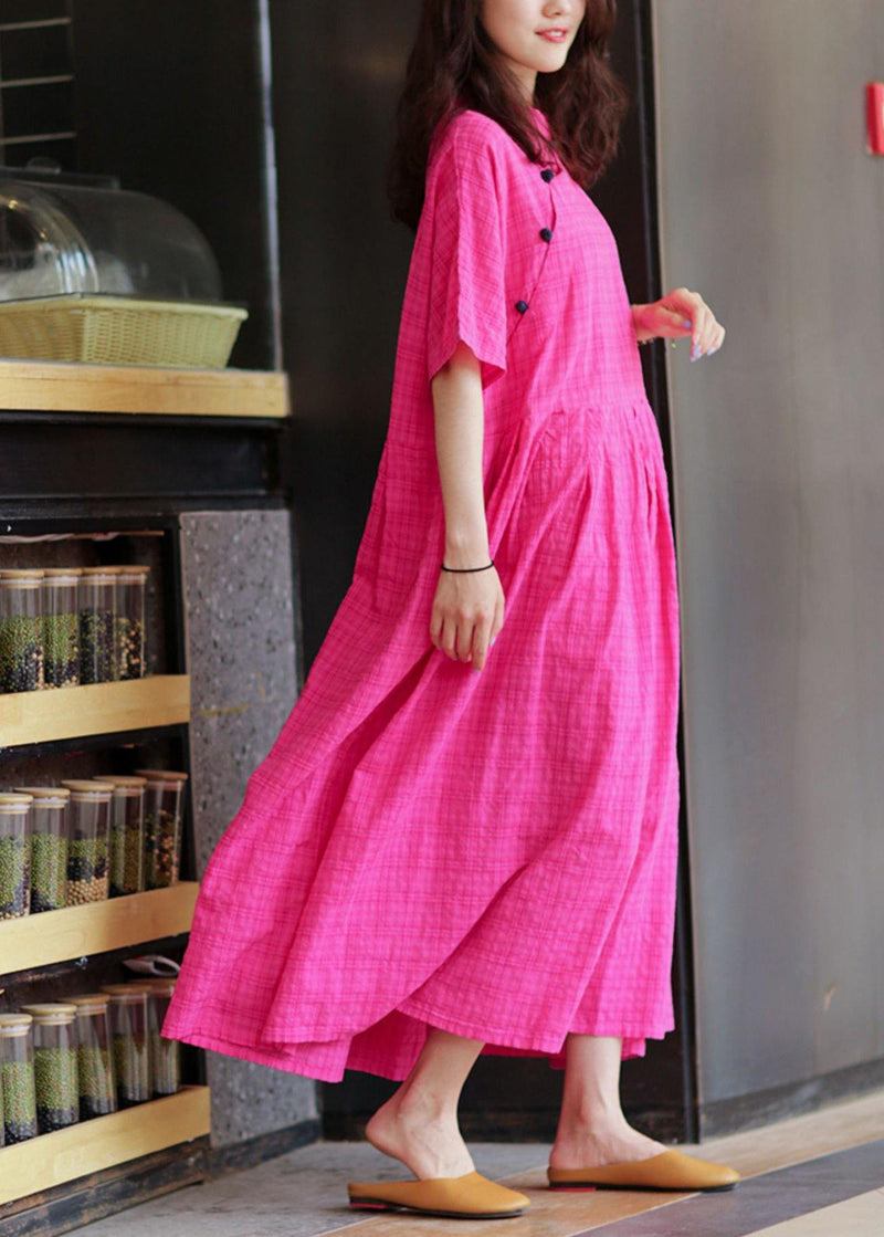 Stand Collar Linen Summer Robes Photography Rese Plaid Dress