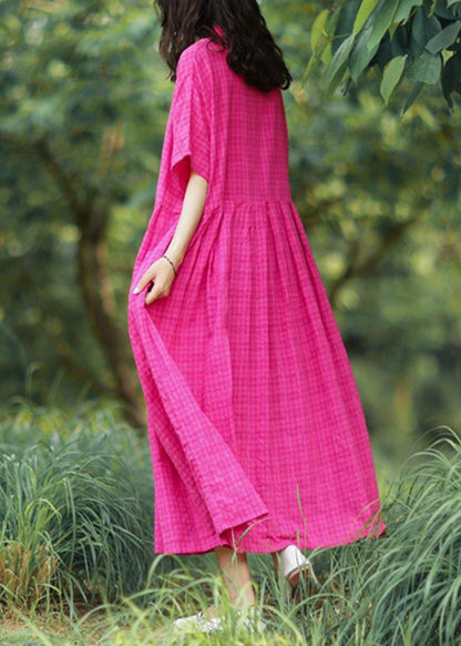 Stand Collar Linen Summer Robes Photography Rese Plaid Dress