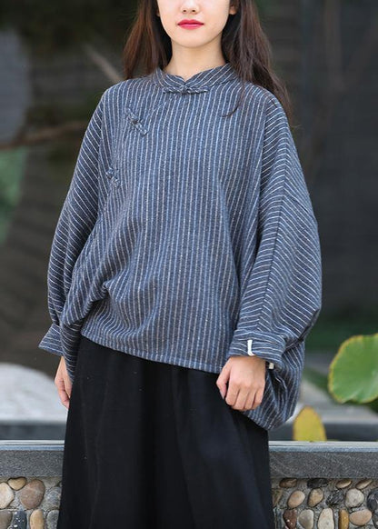 Elegant stand collar trumpet sleeves top silhouette Work Outfits navy striped shirt