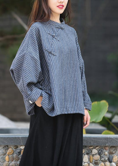 Elegant stand collar trumpet sleeves top silhouette Work Outfits navy striped shirt