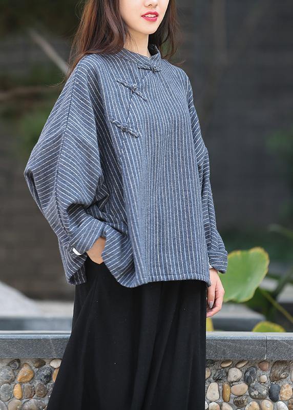 Stand Collar Trumpet Sleeves Top Silhouette Work Outfits Navy Striped Shirt