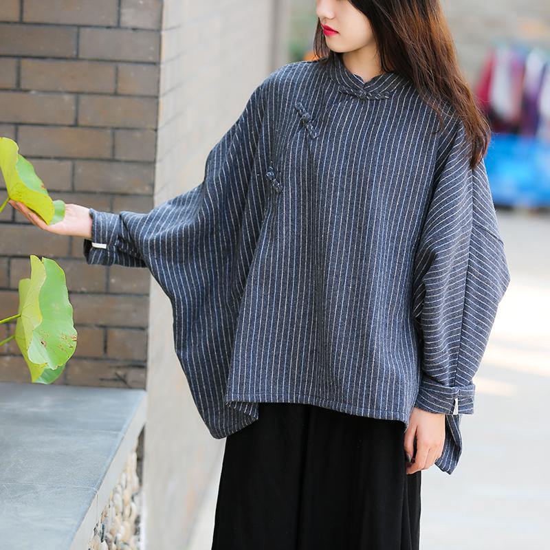 Stand Collar Trumpet Sleeves Top Silhouette Work Outfits Navy Striped Shirt