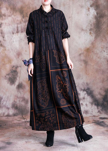 Stand Collar Woolen Clothes Sewing Khaki Prints Dresses Fall