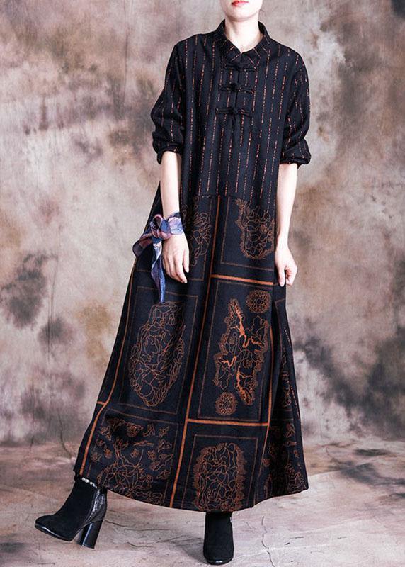 Stand Collar Woolen Clothes Sewing Khaki Prints Dresses Fall