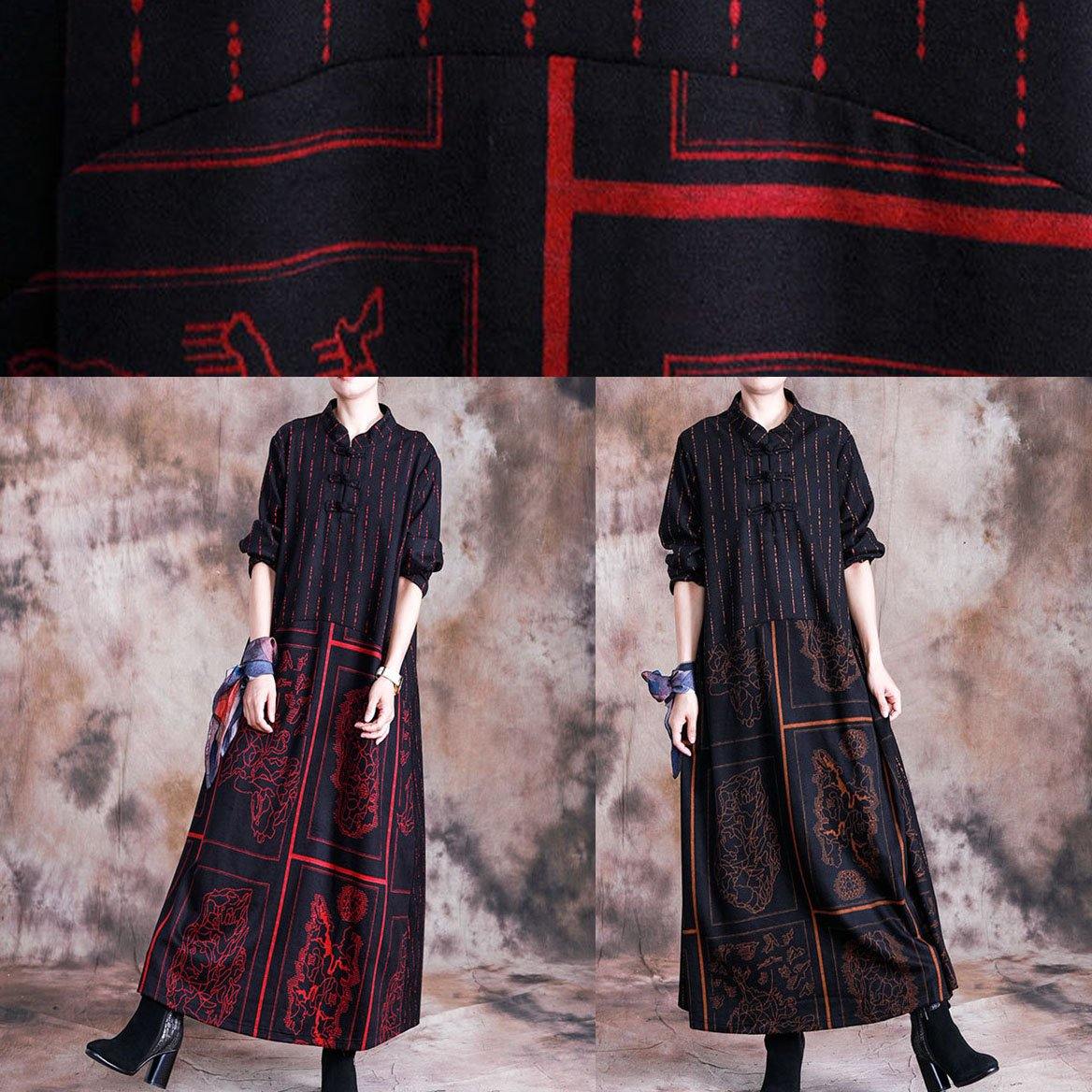 Stand Collar Woolen Clothes Sewing Khaki Prints Dresses Fall