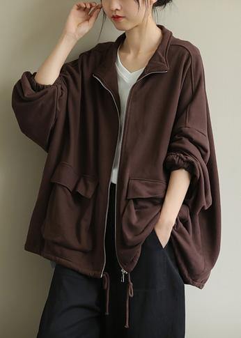 Stand Collar Zippered Fine Trench Coat Chocolate Tunic Coats