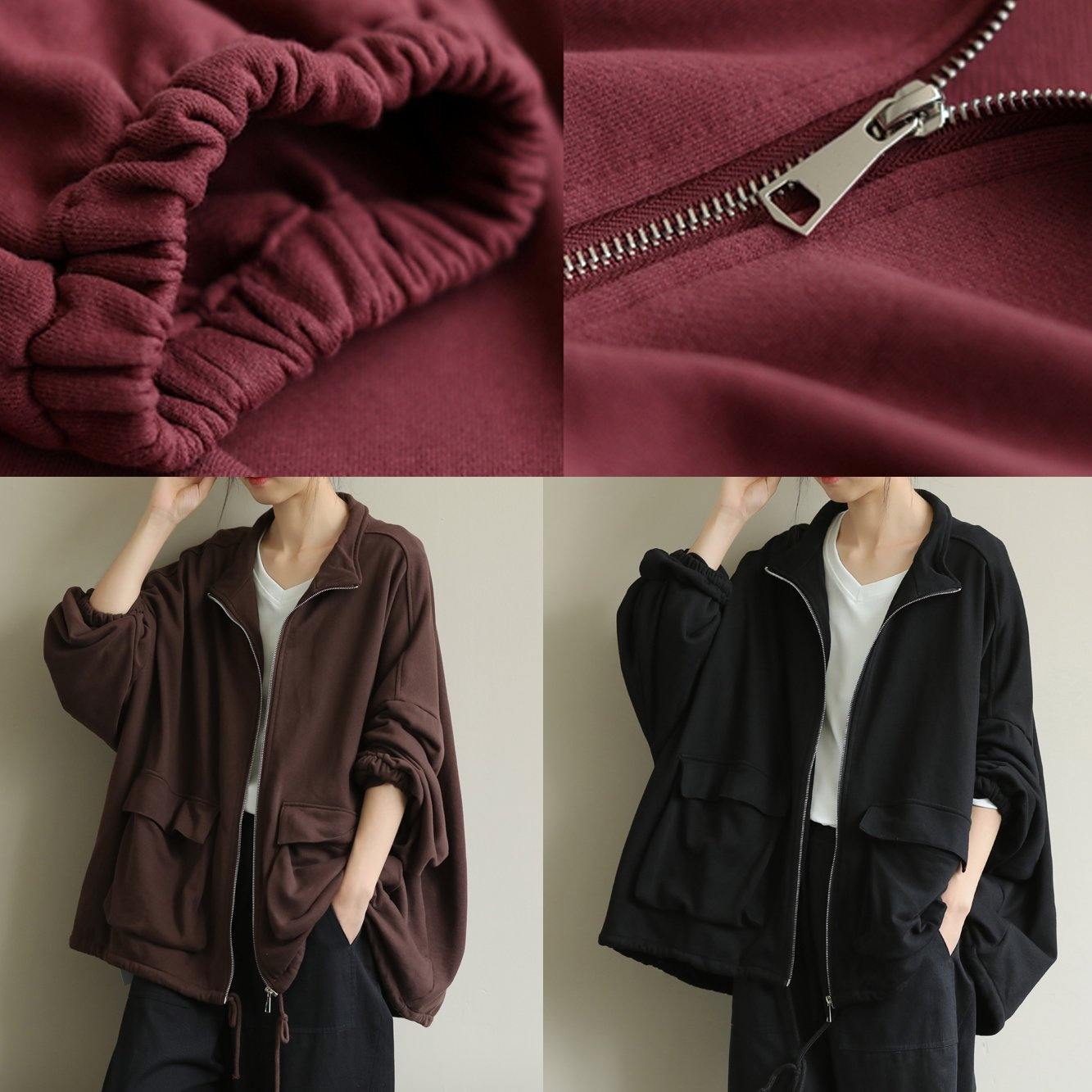 Stand Collar Zippered Fine Trench Coat Chocolate Tunic Coats
