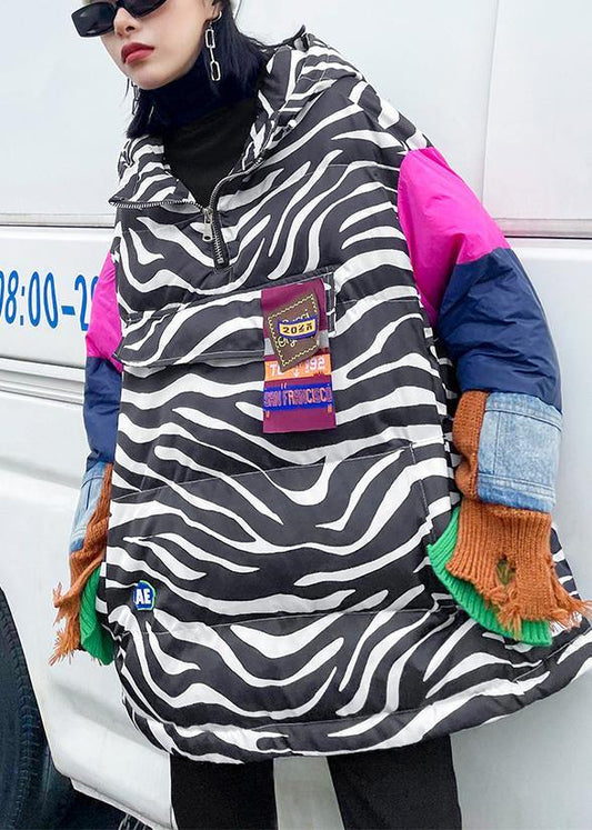 Striped Outfit Oversized Snow Jackets Hooded Patchwork Coats