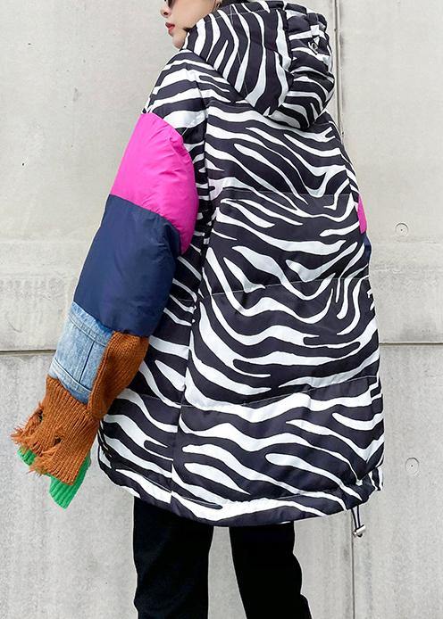 Striped Outfit Oversized Snow Jackets Hooded Patchwork Coats