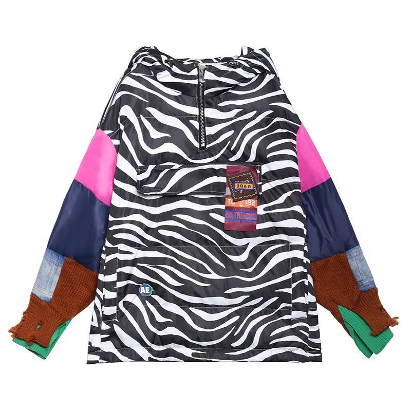 Striped Outfit Oversized Snow Jackets Hooded Patchwork Coats