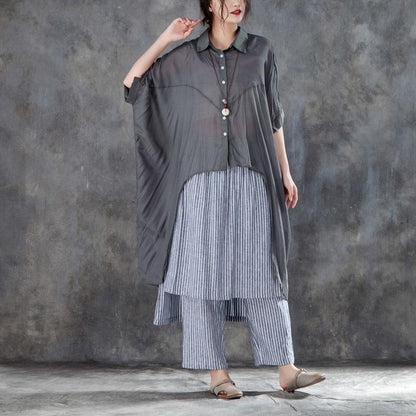Summer Cotton Blended T Shirt Oversize Single Breasted Short Sleeve Loose Irregular Gray Blouse