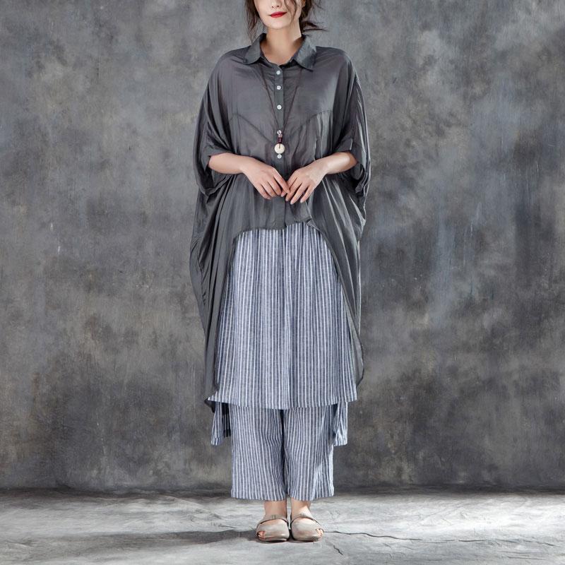 Summer Cotton Blended T Shirt Oversize Single Breasted Short Sleeve Loose Irregular Gray Blouse