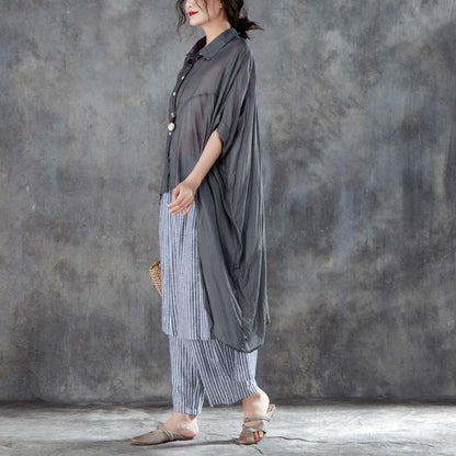 Summer Cotton Blended T Shirt Oversize Single Breasted Short Sleeve Loose Irregular Gray Blouse