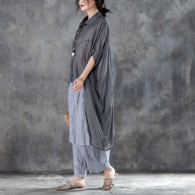 Summer Cotton Blended T Shirt Oversize Single Breasted Short Sleeve Loose Irregular Gray Blouse