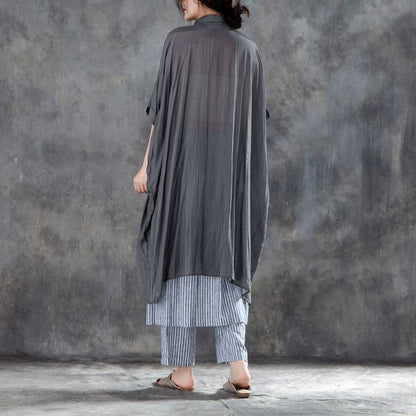 Summer Cotton Blended T Shirt Oversize Single Breasted Short Sleeve Loose Irregular Gray Blouse