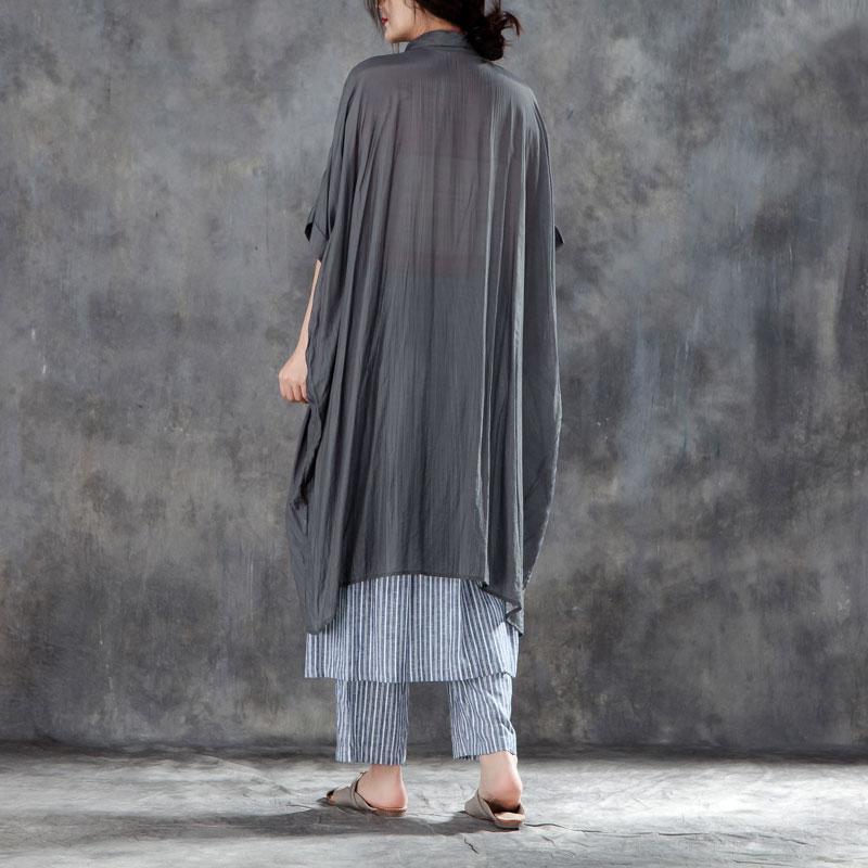 Summer Cotton Blended T Shirt Oversize Single Breasted Short Sleeve Loose Irregular Gray Blouse