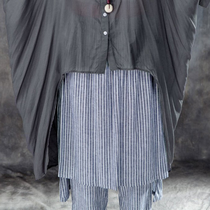 Summer Cotton Blended T Shirt Oversize Single Breasted Short Sleeve Loose Irregular Gray Blouse