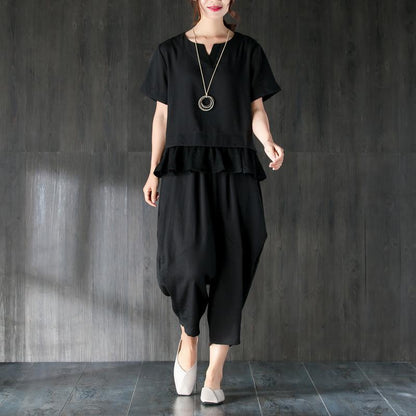 Summer T Shirt Oversize Black Two Pieces Set Splicing Blouse Lantern Pants