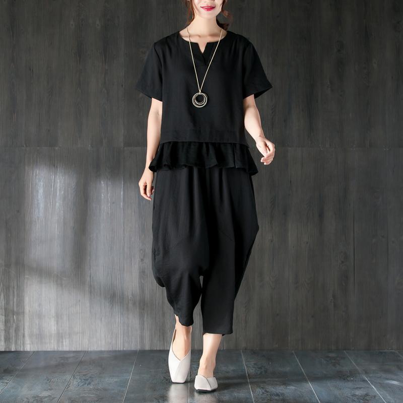 Summer T Shirt Oversize Black Two Pieces Set Splicing Blouse Lantern Pants