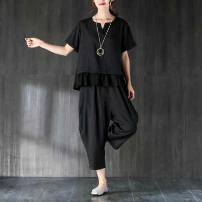 Summer T Shirt Oversize Black Two Pieces Set Splicing Blouse Lantern Pants