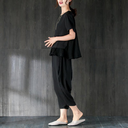 Summer T Shirt Oversize Black Two Pieces Set Splicing Blouse Lantern Pants