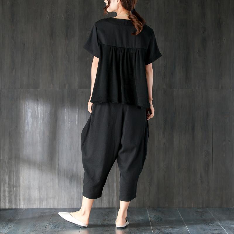 Summer T Shirt Oversize Black Two Pieces Set Splicing Blouse Lantern Pants