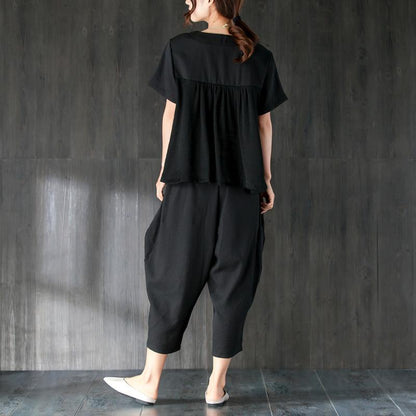 Summer T Shirt Oversize Black Two Pieces Set Splicing Blouse Lantern Pants