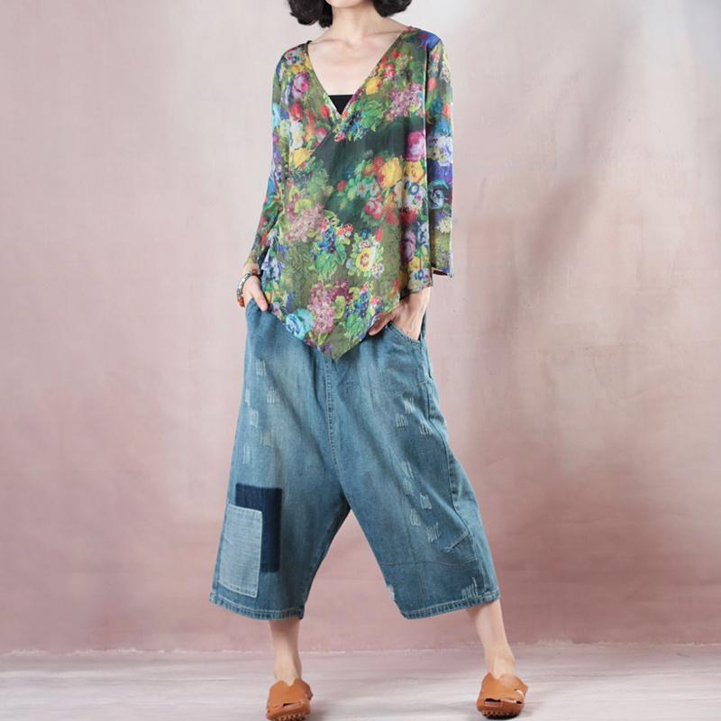 Summer T Shirt Clothing Green Lacing V-neck Ramie Blouse